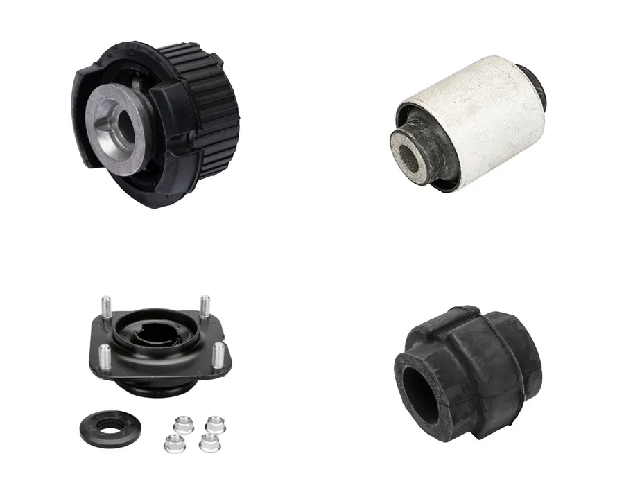 DYNTEK suspension parts: an axle beam bushing, a control arm mounting, a strut mounting and a stabiliser bar bushing